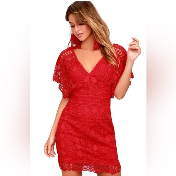 Lulus Mini Dress Coquette XS Lace Feminine Tomato Girl Cherry Red Flutter Sleeve - Picture 4 of 11